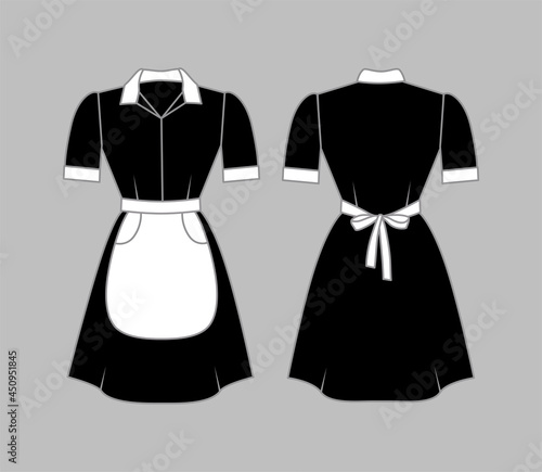 Maid uniform women clothing is black with a white apron, collar and cuffs. Front and rear view. Vector illustration