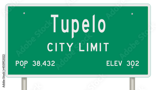 Rendering of a green Mississippi highway sign with city information photo