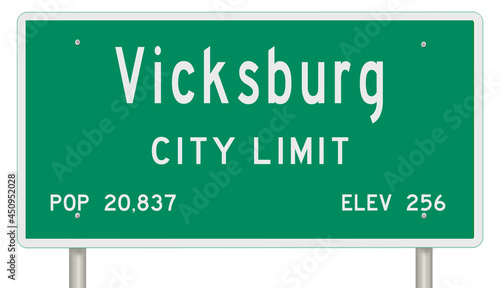 Rendering of a green Mississippi highway sign with city information
