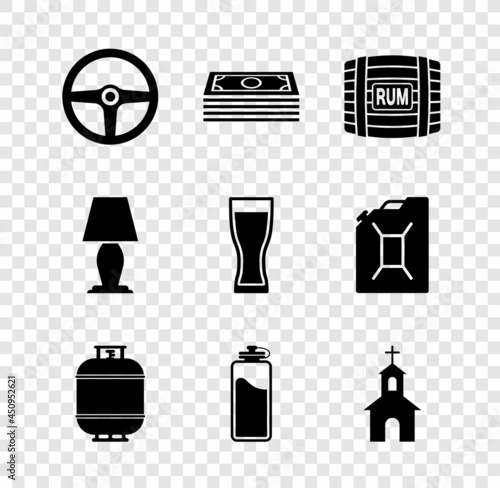 Set Steering wheel, Stacks paper money cash, Wooden barrel with rum, Propane gas tank, Sport bottle water and Church building icon. Vector