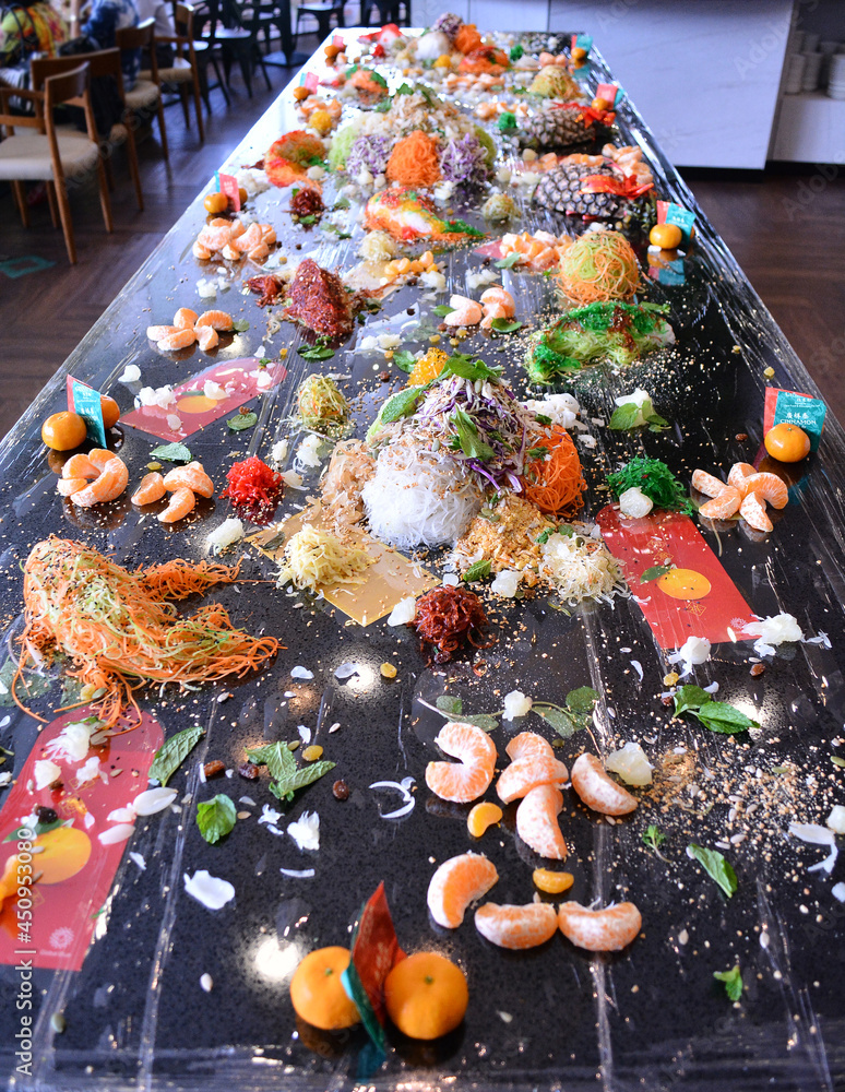 buffet party catering with lo hei yu sheng, asian and western cuisine
