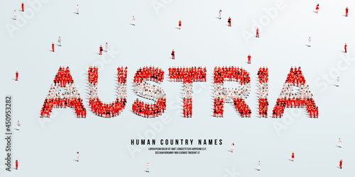A large group of people stands, making up the word Austria. Austrian flag made from people. Vector illustration isolated on white background.