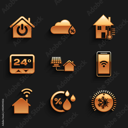 Set House with solar panel, Humidity, Thermostat, Mobile wi-fi wireless, Smart home, temperature and icon. Vector