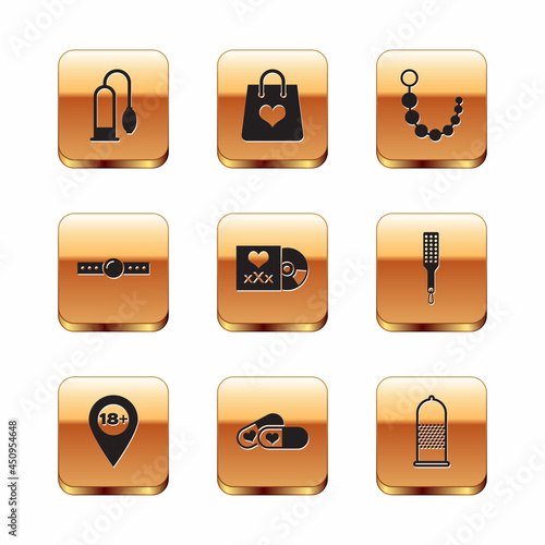 Set Penis pump, Location with 18 plus, Pills for potency, Disc inscription Sex, Silicone ball gag, Anal beads, Condom safe sex and Shopping bag heart icon. Vector