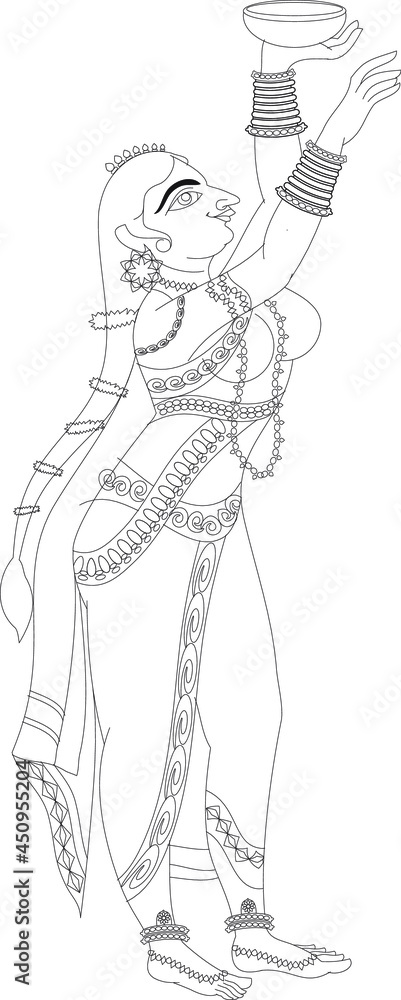 Lord's Gopika, Sevika, or lady servants have drawn in Indian folk art, Kalamkari style. for textile printing, logo, wallpaper	
