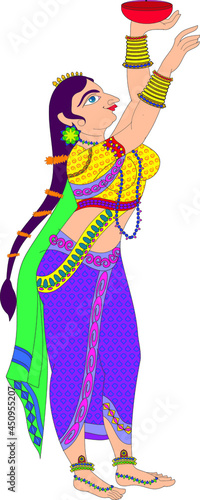 Lord s Gopika  Sevika  or lady servants have drawn in Indian folk art  Kalamkari style. for textile printing  logo  wallpaper  