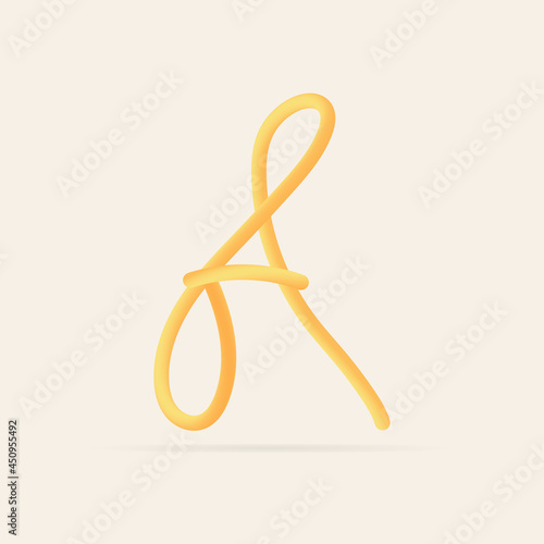 A letter spaghetti design. Vector hand draw realistic food font. Isolated Italian pasta for tasty poster, restaurant identity, gourmet element and more