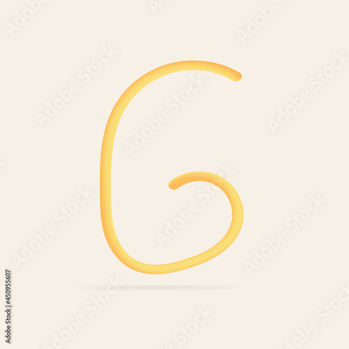 G letter spaghetti design. Vector hand draw realistic food font. Isolated Italian pasta for tasty poster, restaurant identity, gourmet element and more