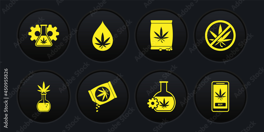 Set Test tube with marijuana, Stop, Marijuana or cannabis seeds, leaf oil, Online buying and icon. Vector Set Test tube with marijuana, Stop, Marijuana or cannabis seeds, leaf oil, Online buying and icon. Vector