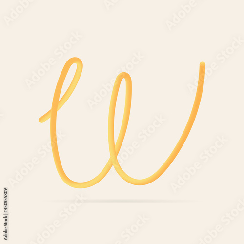 W letter spaghetti design. Vector hand draw realistic food font. Isolated Italian pasta for tasty poster, restaurant identity, gourmet element and more