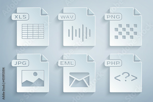 Set EML file document, PNG, JPG, PHP, WAV and XLS icon. Vector