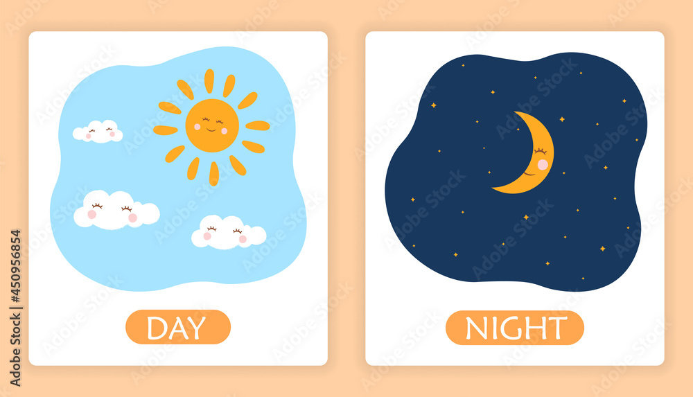 Opposite adjective words with day and night on white background. Concept of colorful templates for posters, childish stickers or educational worksheets. Flat cartoon vector illustration