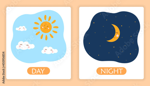 Opposite adjective words with day and night on white background. Concept of colorful templates for posters, childish stickers or educational worksheets. Flat cartoon vector illustration photo