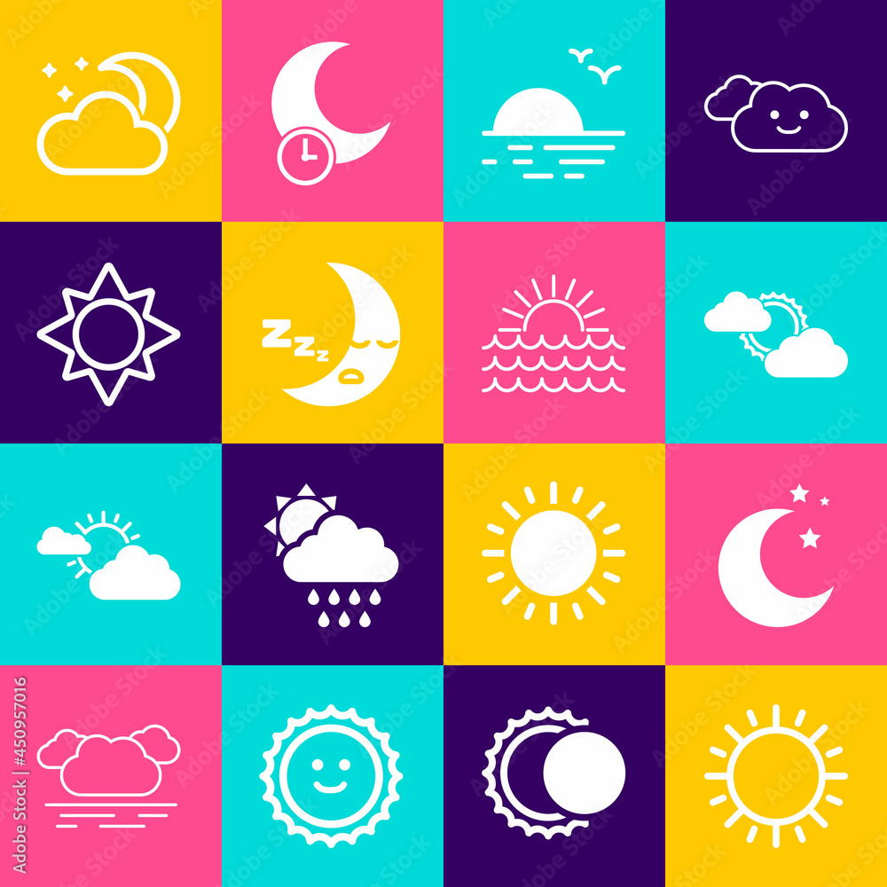 Set Sun, Moon and stars, cloud weather, Sunset, icon, Cloud with moon and icon. Vector Set Sun, Moon and stars, cloud weather, Sunset, icon, Cloud with moon and icon. Vector