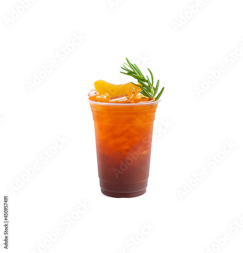 Iced coffee mixes Peach juice syrup isolated on white background, healthy menu in coffee shop.