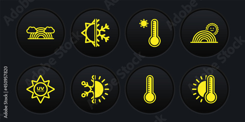 Set UV protection, Rainbow with sun, Sun and snowflake, Meteorology thermometer, Thermometer and clouds icon. Vector