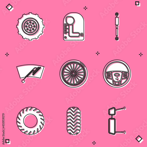 Set Car wheel, Gear shifter, Shock absorber, Windscreen wiper, Steering, tire and icon. Vector