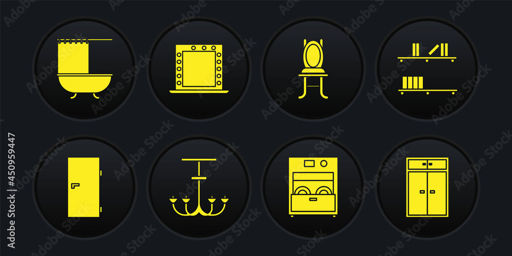 Set Closed door, Shelf with books, Chandelier, Kitchen dishwasher machine, Chair, Makeup mirror lights, Wardrobe and Bathtub shower curtain icon. Vector Set Closed door, Shelf with books, Chandelier, Kitchen dishwasher machine, Chair, Makeup mirror lights, Wardrobe and Bathtub shower curtain icon. Vector