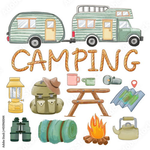 Set of watercolor painted camping supplies clipart. Hand drawn isolated on white background