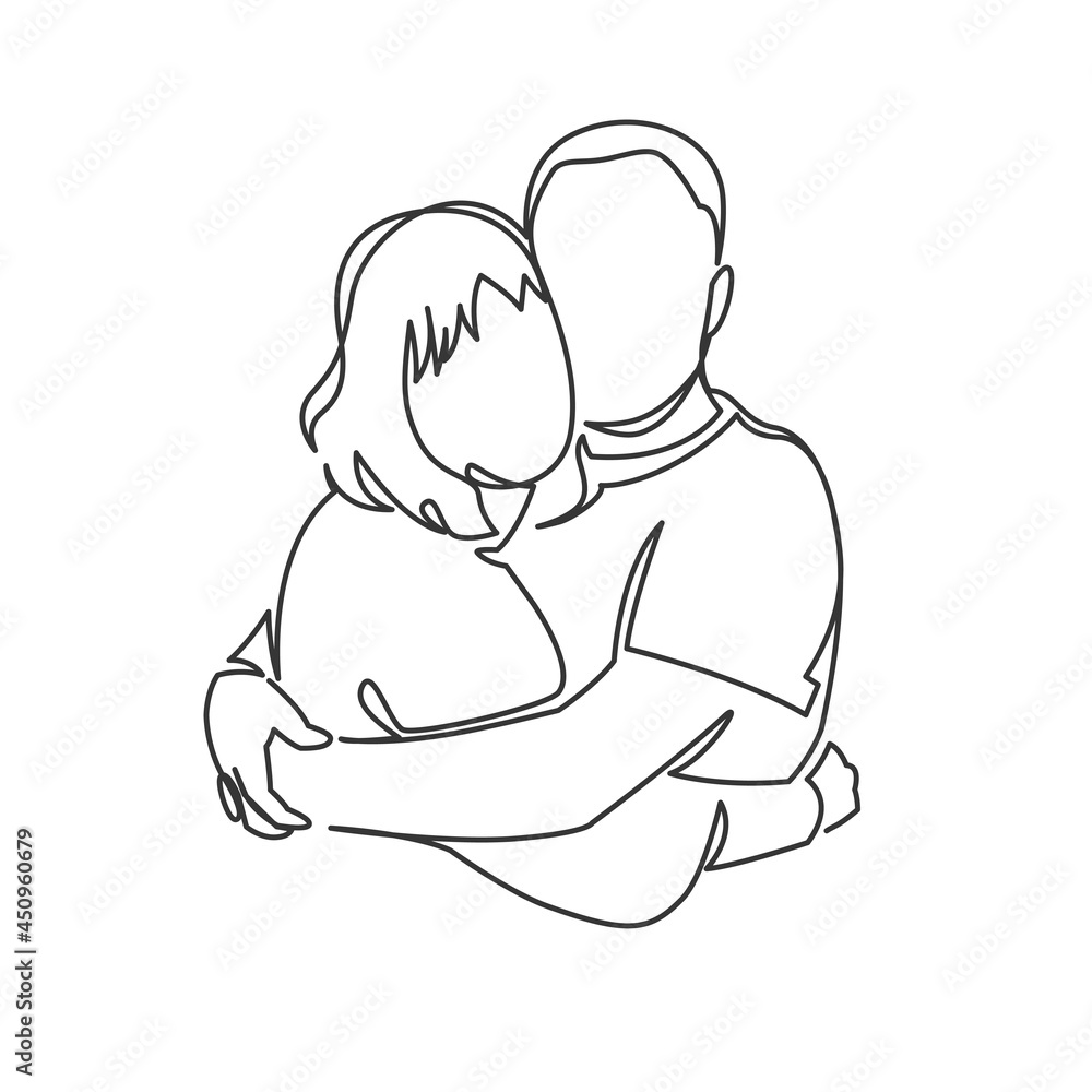 Continuous one drawn single line of romantic embrace of two lovers, newlyweds, young people. Loving couple hugging, valentines day. Continuous one drawn single line of romantic embrace of two lovers, newlyweds, young people. Loving couple hugging, valentines day.