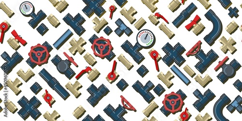Pipe fittings, taps, bends and fittings. Spare parts for pipelines, sewerage, gas lines and any liquid supply. Isolated on a white background. Illustration Seamlessly Patten Vector