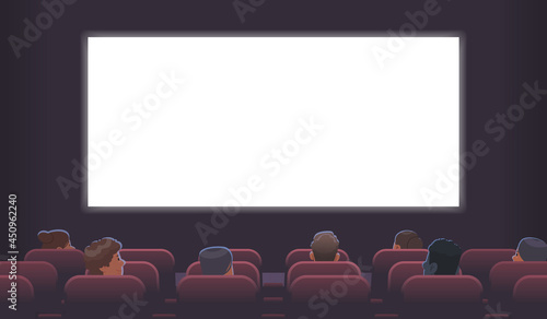 Cinema theater. Spectators, men and women sit in the hall at the premiere of the motion picture, rear view