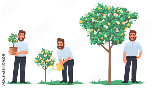 Investment concept. Businessman or private investor watering the money tree. Capital growth, financial strategy