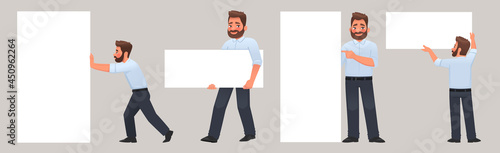 Set of male character interacting with white banner or poster. Empty space for text