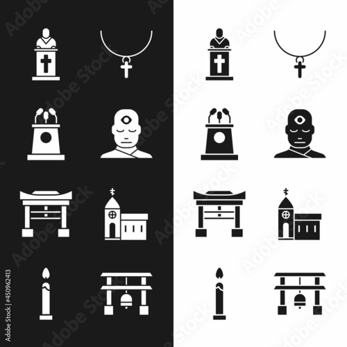 Set Man with third eye, Stage stand or tribune, Church pastor preaching, Christian cross on chain, Japan Gate, building, and Burning candle icon. Vector