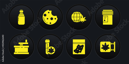 Set Manual grinder, Medical bottle with cannabis, Chemical test tube marijuana, Plastic bag of, Legalize globe, Cookies, Marijuana and store and olive oil icon. Vector