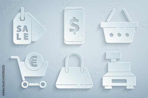 Set Handbag, Shopping basket, cart euro, Cash register machine, Smartphone with dollar and Price tag Sale icon. Vector