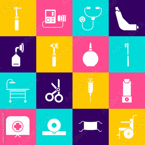 Set Wheelchair for disabled person, Inhaler, Toothbrush, Stethoscope, Medical otoscope tool, oxygen mask, drill and Enema icon. Vector