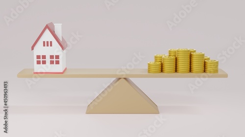 Model house and money coins balancing on a seesaw with stacking coins money. Property investment and home mortgage financial real estate advertising concept. 3d rendering. Home purchase concept.