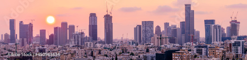 Tel Aviv Skyline At Sunset   Tel Aviv Cityscape Large Panorama At Sunset Time  Israel