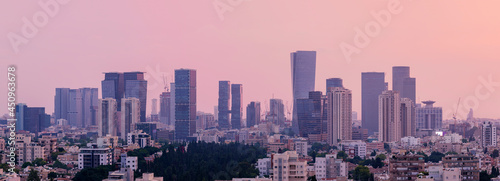Tel Aviv Skyline At Sunset, Tel Aviv Cityscape Large Panorama At Sunset Time, Israel