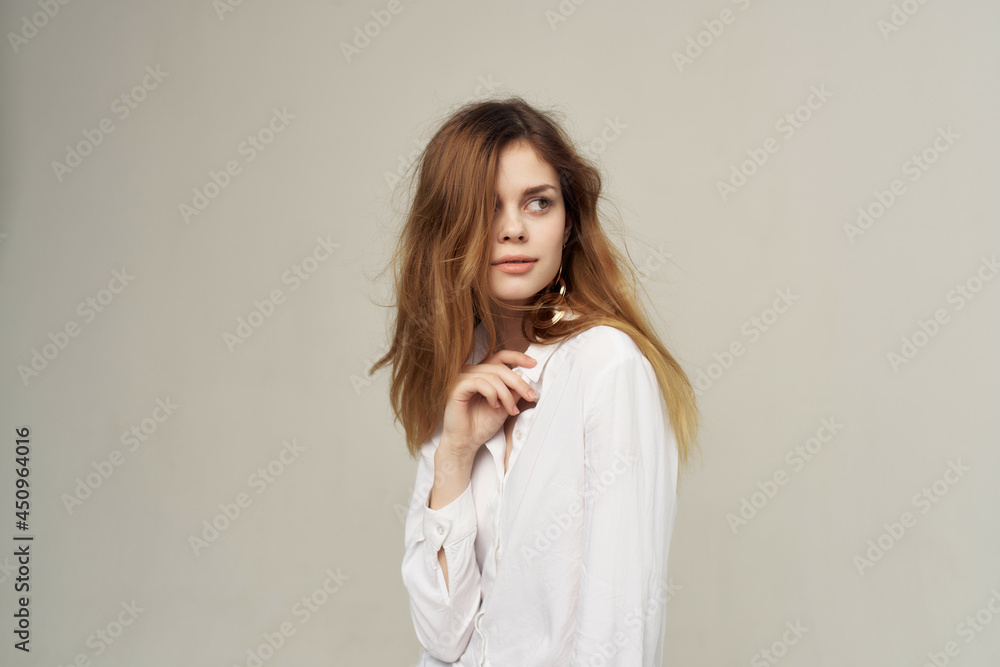 attractive woman with red hair decoration glamor white shirt attractive woman with red hair decoration glamor white shirt