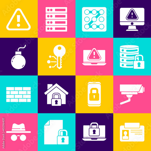 Set Identification badge, Server security with lock, Graphic password protection, Cryptocurrency key, Bomb ready explode, Exclamation mark in triangle and Laptop exclamation icon. Vector