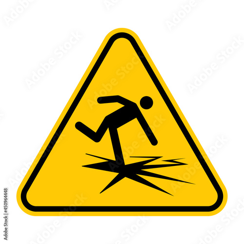 Thin ice sign. Vector illustration of yellow triangle warning sign with man falling on cracking ice. Caution breaking ice. Risk of falling into cold water. Dangerous area.