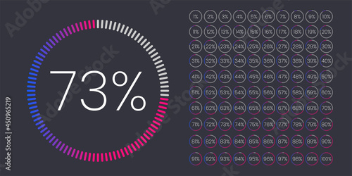 Set of Performance Indicators Percentage Circle from 0 to 100. Circle diagrams meter for web design. Pie Chart with Percentage Values for UX, user interface UI or infographic. Progress loading Circle.