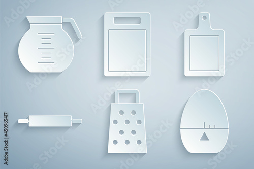 Set Grater, Cutting board, Rolling pin, Kitchen timer, and Coffee pot icon. Vector