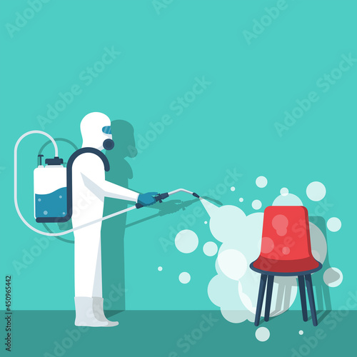 Disinfection chair. Disinfect home. Prevention controlling of coronavirus covid-2019. Worker in hazmat suit does sanitization. Chemical protection. Vector illustration flat design. Cleaner in hand.