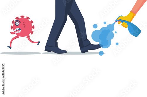 Disinfection of shoes. Prevention of covid 2019. Cleaning disinfecting coronavirus. Vector illustration flat design. Isolated background. Disinfection of the workplace. Spray in hand.