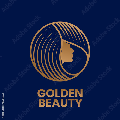 Golden Beauty. Hair salon or beauty salon logo design template. Woman silhouette in golden. Stock vector emblem.