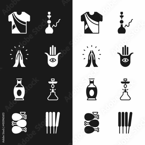 Set Hamsa hand, Hands in praying position, Indian man dress, Hookah, vase, Aroma sticks, incense and Tandoori chicken icon. Vector