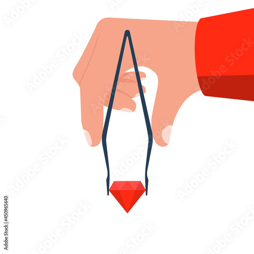 Jeweler tweezers holding a diamond. Examining, evaluation jewelry. Vector illustration flat style design. Work with precious stones. Isolated on white background.