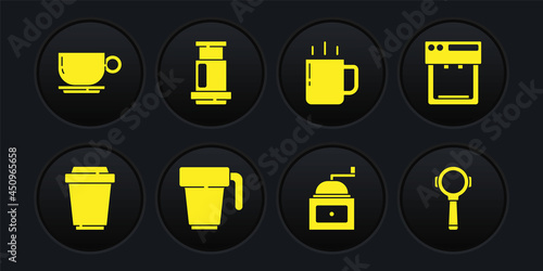 Set Coffee cup to go, machine, Manual coffee grinder, Aeropress, filter holder and icon. Vector