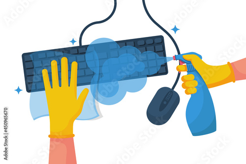 Disinfection of a computer. Man wipes the keyboard and mouse with a napkin. Cleaning surface. Hygiene home. Cleaning and disinfection. Vector illustration flat design. Housekeeping service concept.