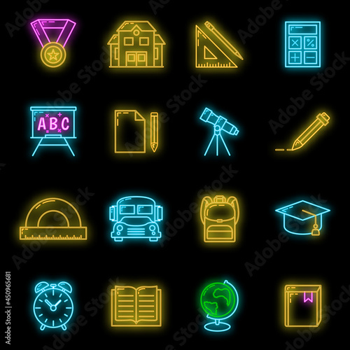 Concept set back to school neon glow icon, 16 stationery education item educational process, flat outline vector illustration, isolated on black.