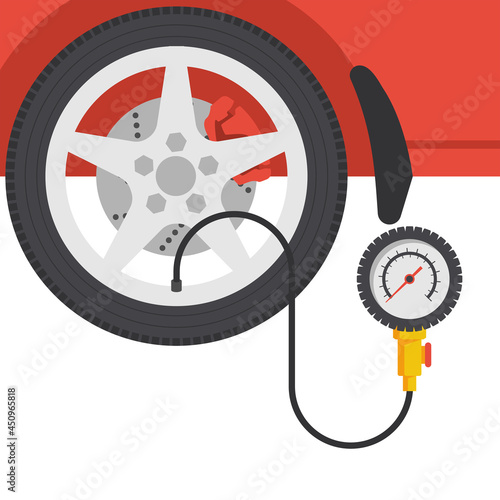 Tire pressure gauge. Checking tire pressure. Gauge, manometer. Car safe concept. Sign, wheel car with instrument measures pressure. Vector illustration flat design. Isolated on white background.