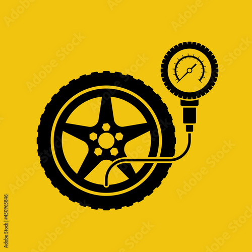 Road sign tire pressure gauge. Checking tire pressure. Gauge, manometer. Car safe concept. Wheel car with instrument measures pressure. Vector illustration flat design. Isolated on white background.